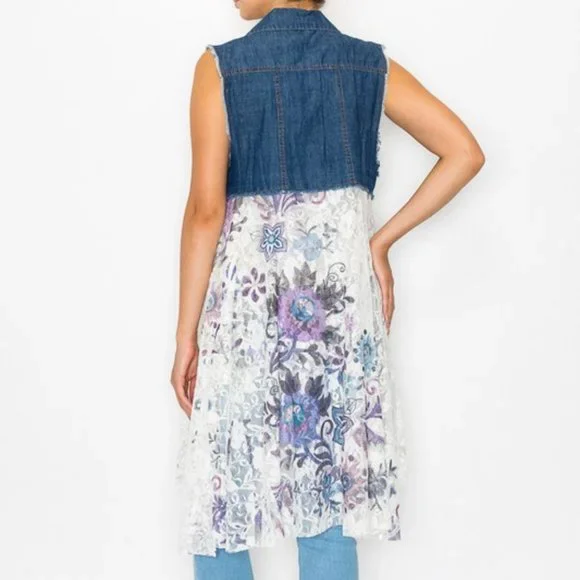 new ORIGAMI DUSTER CARDIGAN VEST FLORAL DENIM & LACE SM-3X western boho chic - Picture 5 of 10